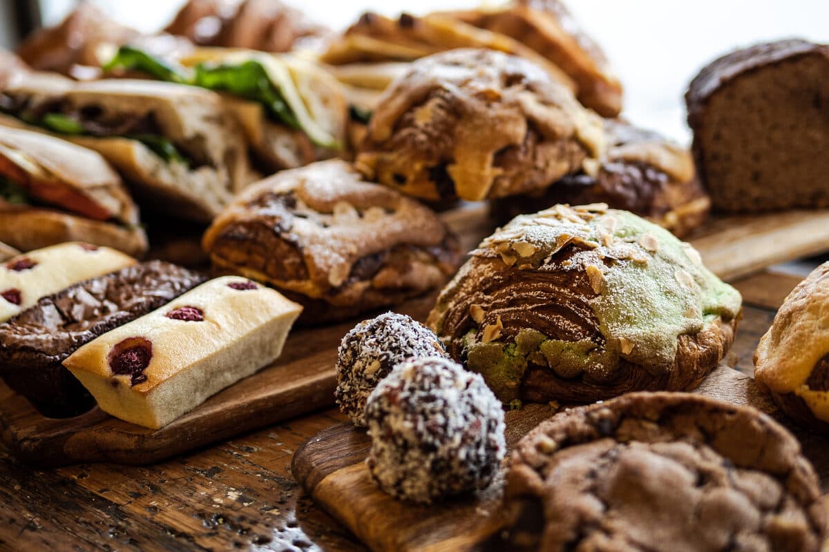 An assortment of Mimolette baked goods, close-up
